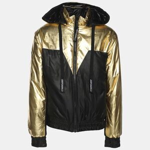 Just Cavalli Gold/black Nylon Bomber Hoodie Jacket M